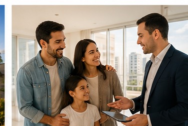 Família visitando apartamento com consultor imobiliário após carta contemplada