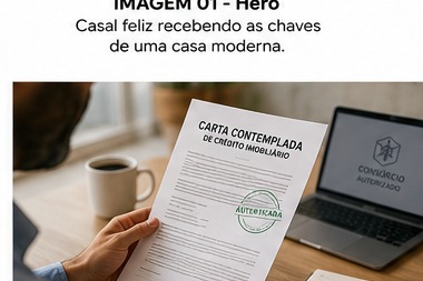 Pessoa analisando documentos de carta contemplada de imóvel com laptop ao fundo